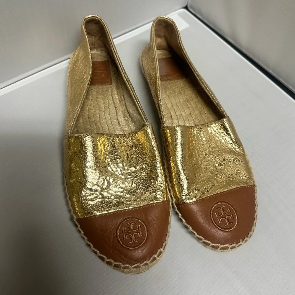 Tory Burch Metallic Gold and Tan Espadrilles
